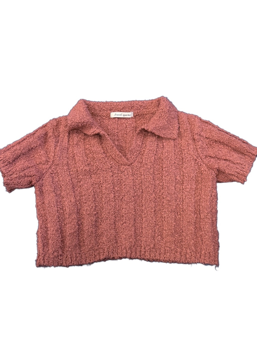 French Quarter Mauve Textured Bouclé Cropped Sweater Polo Shirt Large Y2K Boho